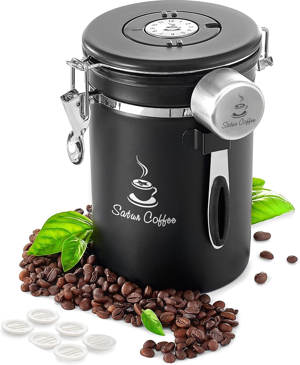 Coffee Canister Airtight Stainless Steel 22oz with Date Tracker, Scoop, CO2 Valve (Black)